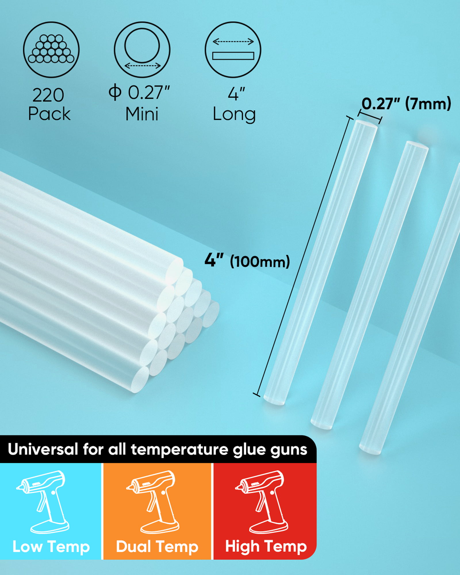 Mini Size Hot Glue Sticks Bulk,100-pack, 8” x .27”, Clear All-Temp Glue Gun Sticks for Art, Craft, DIY and Most Gluing Projects, Compatible with