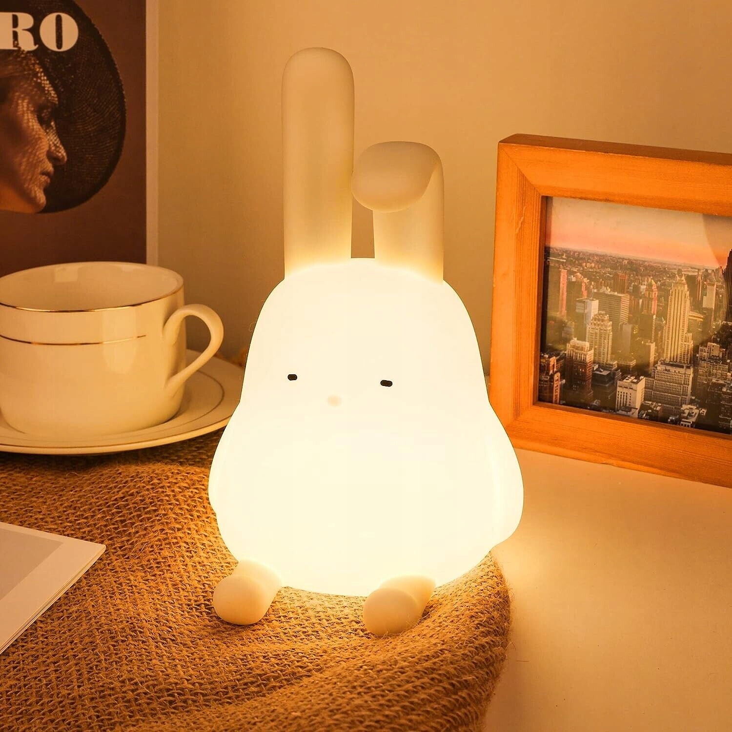 Cartoon folded-ear rabbit night light cute silicone internet celebrity animal dual-purpose atmosphere light baby sleep pat light rechargeable