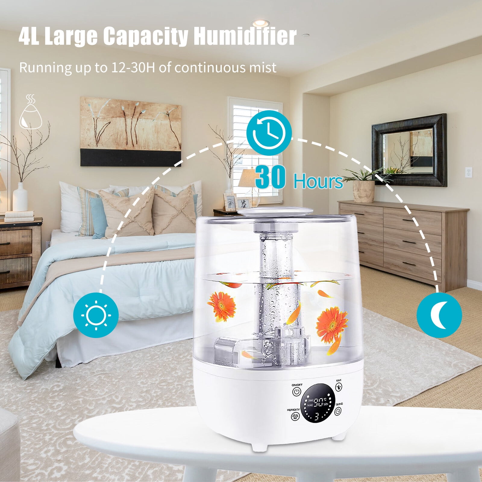 4L Humidifiers for Bedroom Ultrasonic Air Humidifiers Aroma Diffuser Touch Control Buttons with LCD Screen Remote Control Extra Long Hose Nozzle Ultra Quiet Timer 3 Mist Modes Auto Standby