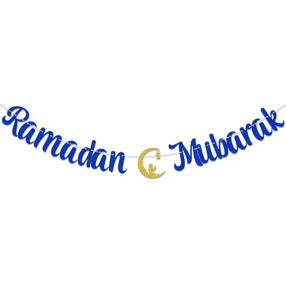 Ramadan Mubarak Banner, Ramadan Party Decorations, Eid Mubarak Banner, Muslim Islamic Festival Party Decor Supplies Blue Glitter
