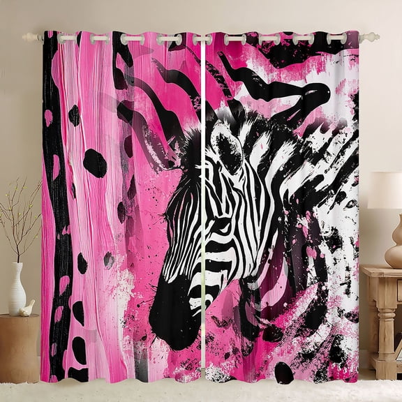 Homewish Cartoon Zebra Animal Black Out Curtains, Black Pink Stripes Curtains Pack of 2 (42x63 Each), Vintage Oil Printing Bedroom Curtains, SBlack Out Curtains Decor