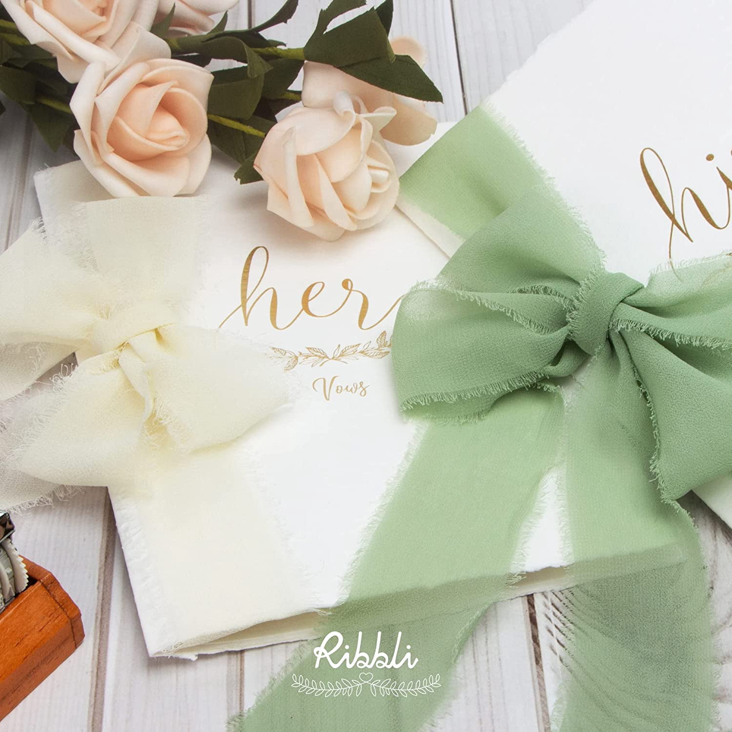 Chiffon Ribbon 1.5 inch x 30 Yard Handmade Silk Ribbon, Ivory/Blush Pink/Sage Green Fringe Chiffon Ribbon for Wedding Invitations, Bridal Bouquets Wrapping, Flower Arrangement Decoration