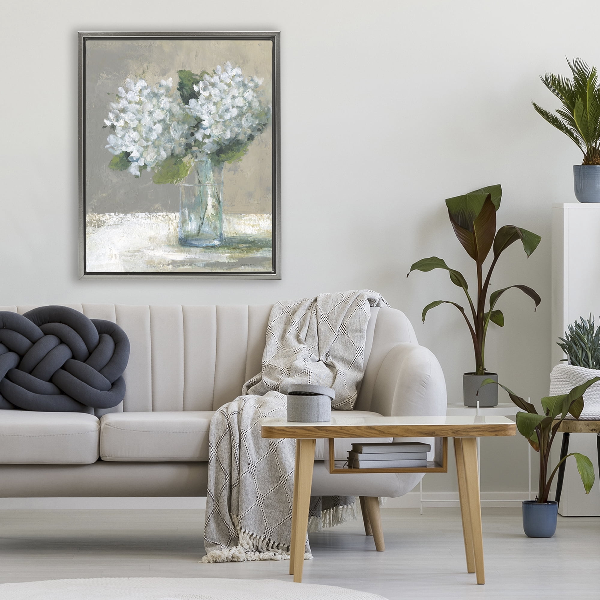 Stupell Industries White Hydrangeas Glass Vase Gray Framed Floater Canvas Wall Art, design by Carol Robinson