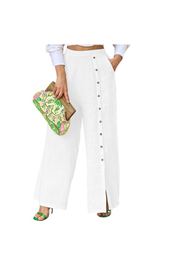 Women's Summer Casual Slit High Waist Cotton Linen Single-Breasted Solid Color Pocket Trousers for Office Work Business