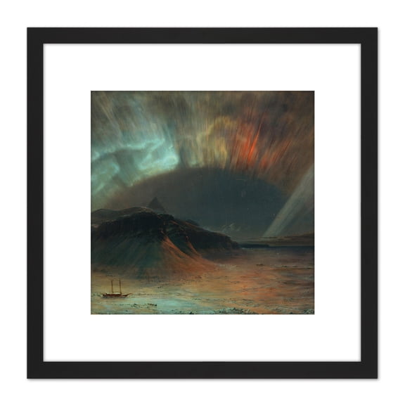 Church Aurora Borealis Northern Lights Landscape Painting 8X8 Inch Square Wooden Framed Wall Art Print Picture with Mount