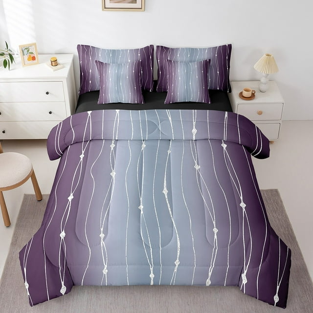 YST 7-Piece Ombre and Gradient Geometric Comforter Set, Full, Purple and Grey, Dots and Wave Stripe Pattern
