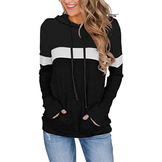 Puntoco Mujer Casual Pacthwork Manga Larga Sudaderas Cordón Pullover Capucha tops Blusa Puntoco Puntoco-710