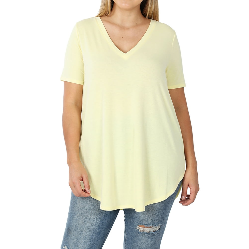 TheLovely - Women Short Sleeve V Neck Round Hem Relaxed Fit Casual Tee ...