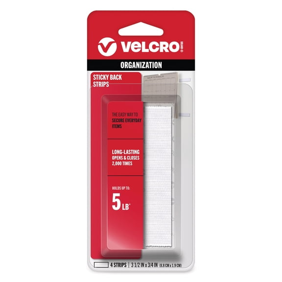 VELCRO Brand Sticky Back Hook and Loop Fasteners | Perfect for Home or Office | 3 1/2in x 3/4in Strips | Pack of 4 | White (VEL90076)