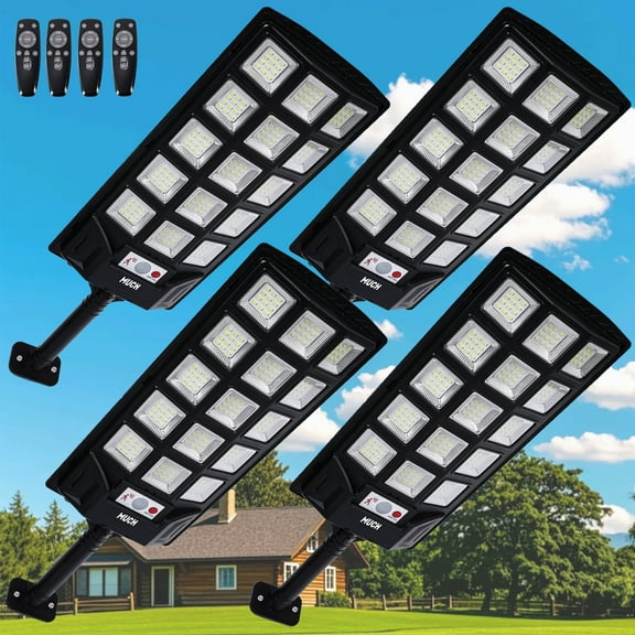 MUCH 1200W Solar Street Lights Outdoor, IP66 Waterproof Solar Lights,Parking Lot Lights, 9000K Dusk to Dawn Security Flood Lights Motion Sensor with Remote Controlfor Yard,Barn,Patio,Garden-4PACKS