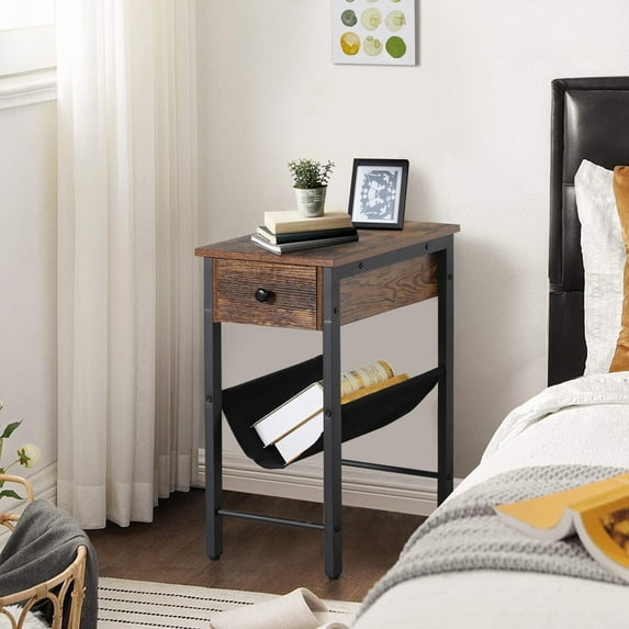 VECELO H Shaped Nightstand, 2-Tier End Side Table with Drawer and Storage Holder, Rustic Brown