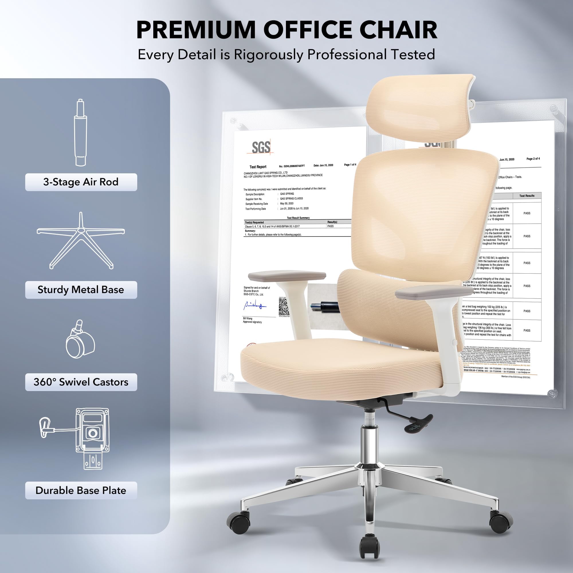 Ergonomic High-Back Mesh Office Chair – Adjustable Lumbar, 3D Armrests, Headrest & Recline – Breathable Swivel Desk Chair, Supports 300 lbs – White Frame & Beige, Electroplated Base