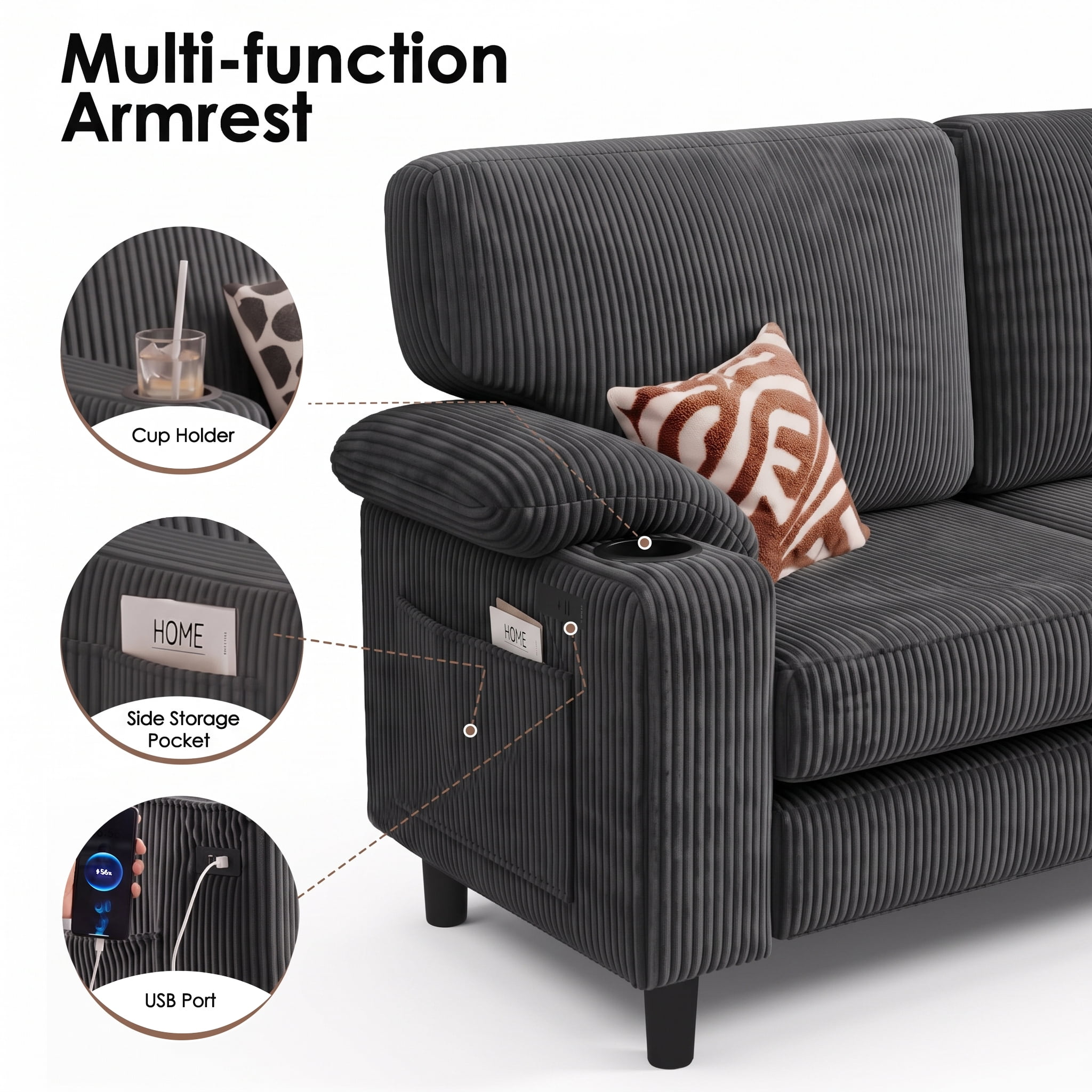 Anpport 80" L‑Shaped Corduroy Sectional Sofa, 3‑Seater Couch with Storage Ottoman, USB Port & Cup Holders for Small Spaces, Dark Gray