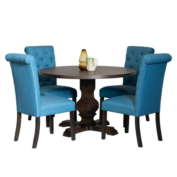 Roundhill Furniture 5 Piece Transitional MDF Tufted Dining Table Set, Blue
