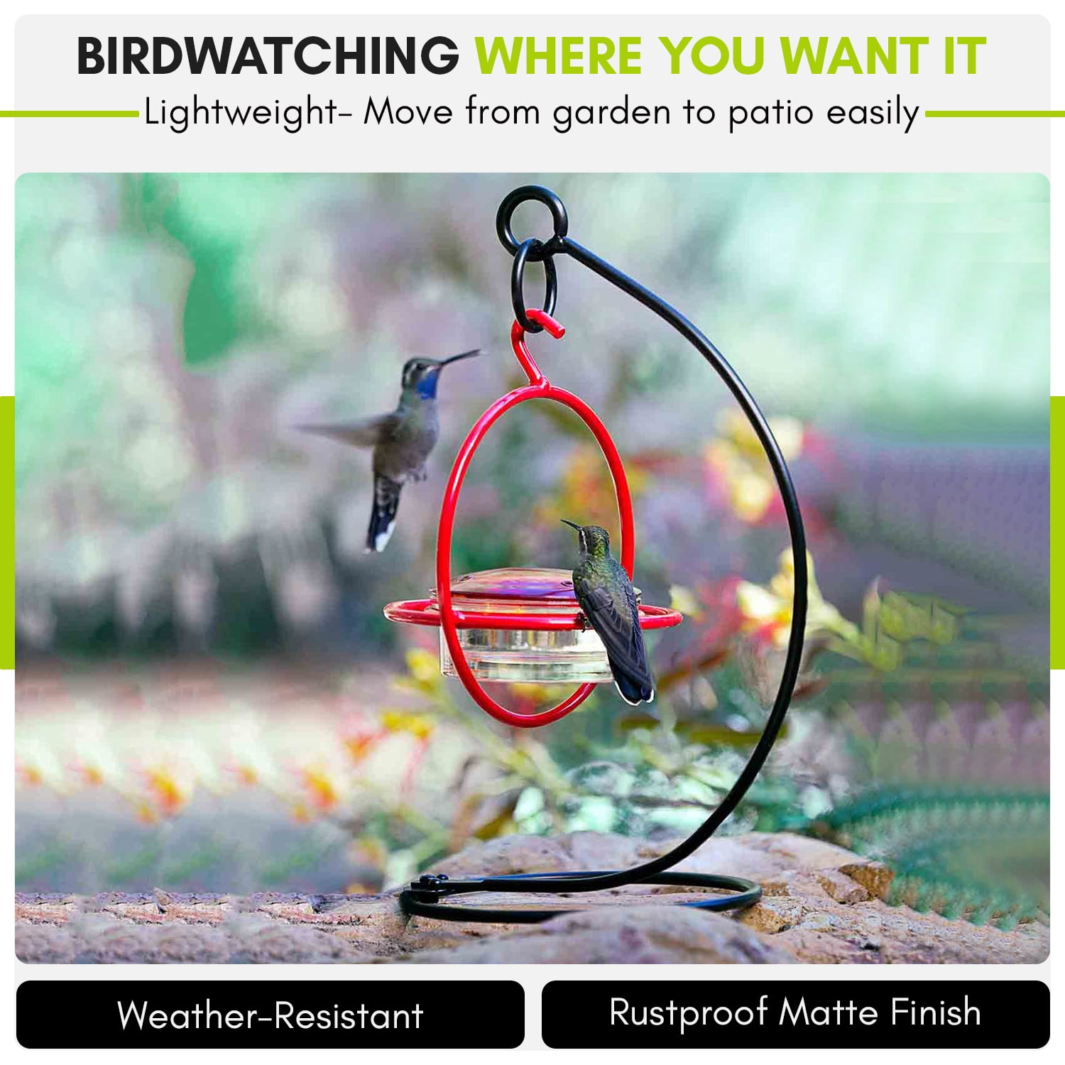 Mosaic Birds Metal Hummingbird Feeders Stand for Outdoors - Traditional Bird Feeder Holder for Garden - Black