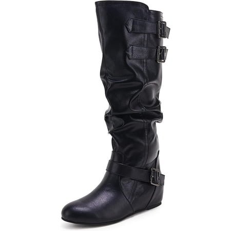 

Coutgo Womens Slouched Knee High Boots Wide Calf Pull On Buckle Flat Winter Boot