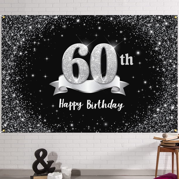HAMIGAR Telón de fondo para pancarta de feliz cumpleaños número 60 de 6 x 4 pies, decoración de cumpleaños de 60 años, suministros para fiestas para mujeres y hombres, negro plateado