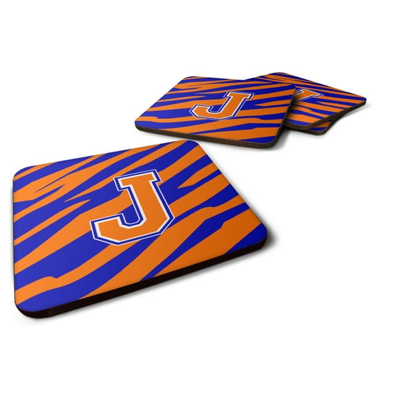 Letter J Initial Tiger Stripe - Blue Orange  Foam Coaster Set of 4