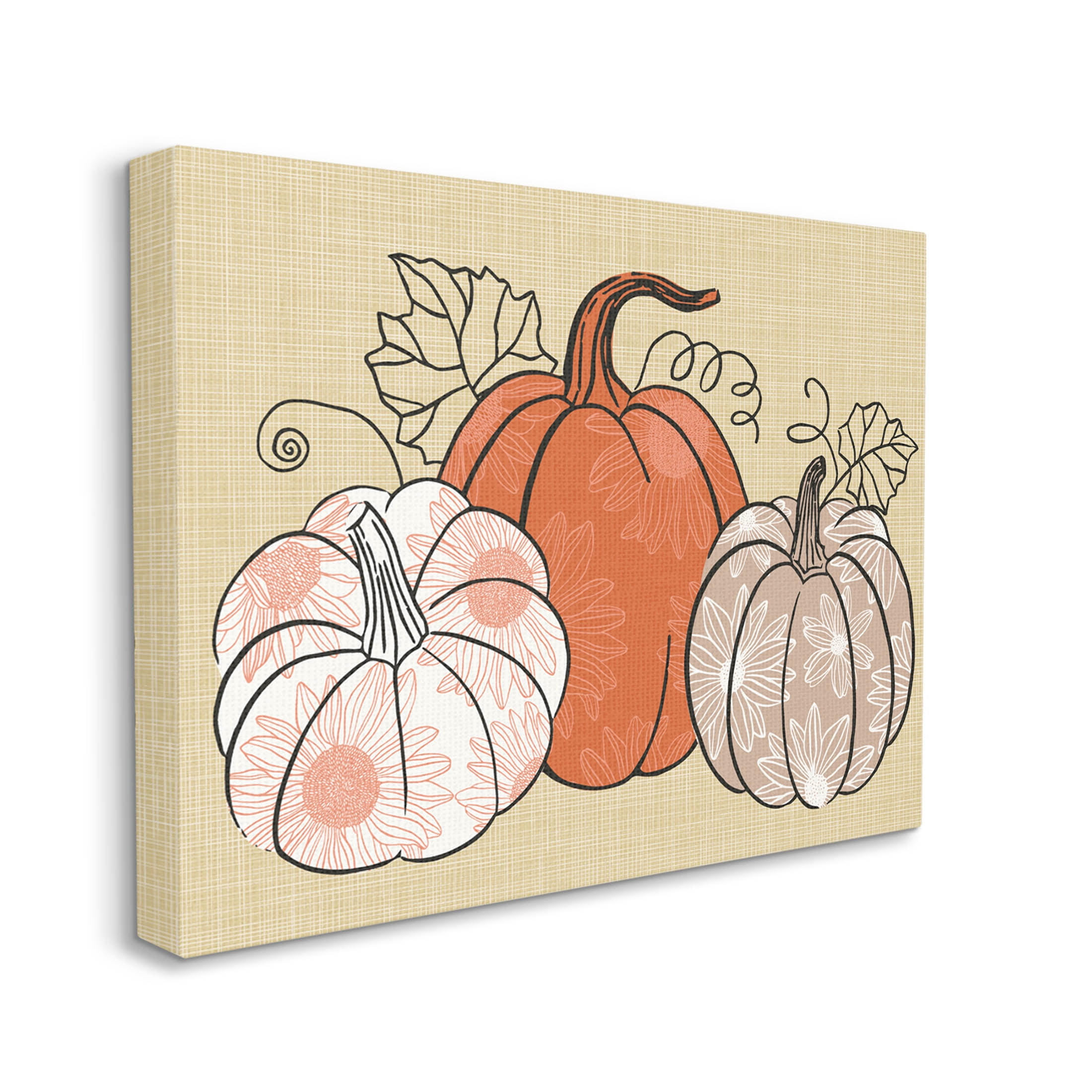 Autumnal Pumpkins Sunflower Pattern Holiday Graphic Art Gallery Wrapped Canvas Print Wall Art