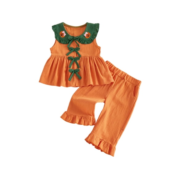 RUINIXCW Toddler Baby Girl Halloween Outfit Infant Baby Girls Summer Fall Clothes Pumpkin Embroidery Peter Pan Collar Babydoll Shirt Top and Flared Pants Set