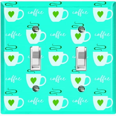 Metal Light Switch Wall Plate Outlet Cover (Coffee Espresso Mocha Cup Green Heart Teal - Double Toggle)