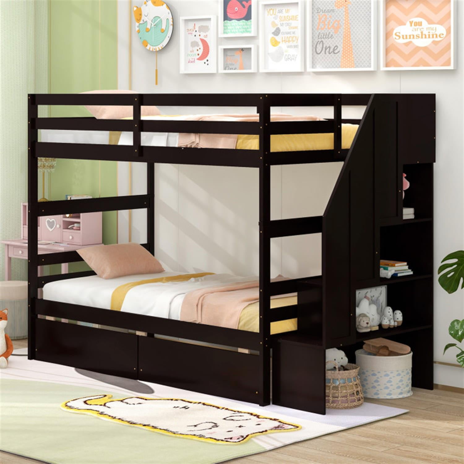Demi Bonn Twin Over Twin Bunk Bed with Storage Stairs and Drawers, Solid Wood Bunkbeds Frame for Bedroom, No Box Spring Needed, Brown
