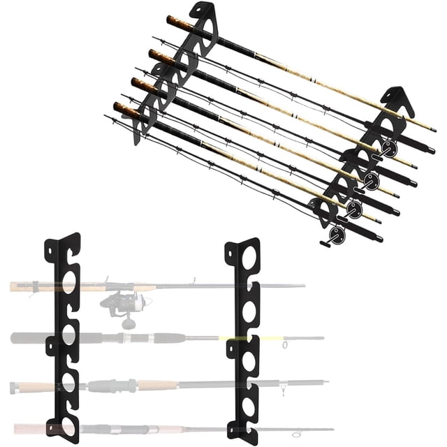 PinesC 2 Pair 16 Rods Fishing Rod Rack, Ceiling or Wall Mount Fishing Pole Holder Horizontal Overhead Hanger Storage Rack for Boat,Garage,Home,Cabin,Basement - Save Space black