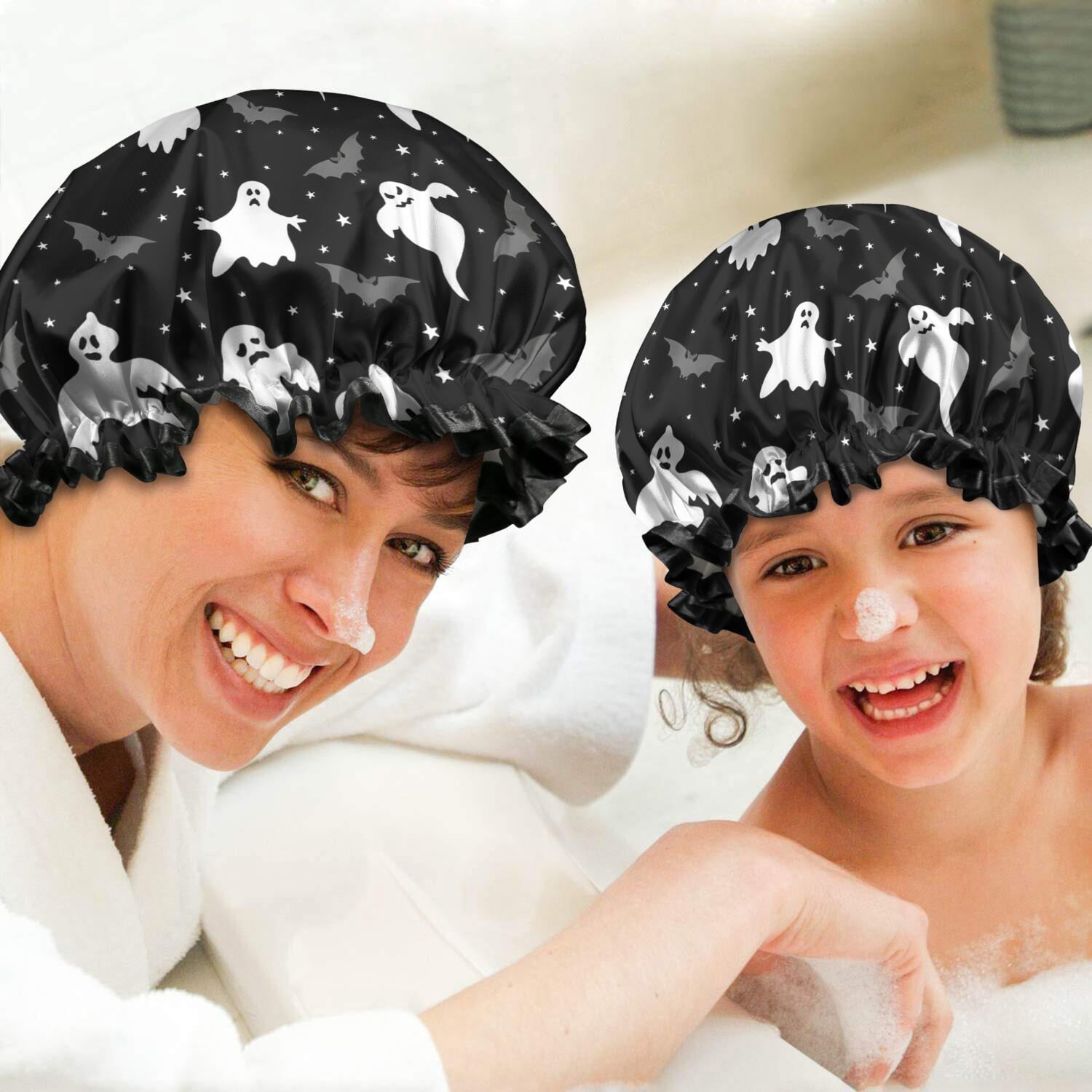 Shower Caps,Black Halloween Ghosts Bats and Stars Waterproof Shower Cap for Women 4 Pieces,Double Reusable Hair Cover for Shower PEVA Elastic Stretch Hem