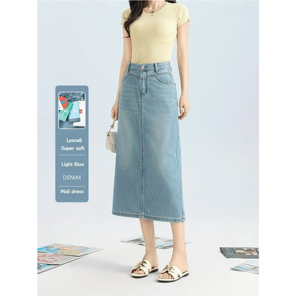 Vintage American High Waist A-Line Denim Skirt, Tencel Lyocell, Ultra Soft Mid-Length Skirt with Back Slit for Women