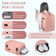 DAKOMM Travel Backpack for Women Men, Carry On Backpack with USB Charging Port & Shoe Pouch, TSA 17.7 inch Laptop Backpack Flight Approved, Nurse Bag Daypack for Weekender Business Trip Hiking, Pink