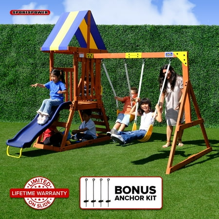 Sportspower My 1St Wood Swing Set With 2 Swings, Rock Climber &Amp; 6' Slide