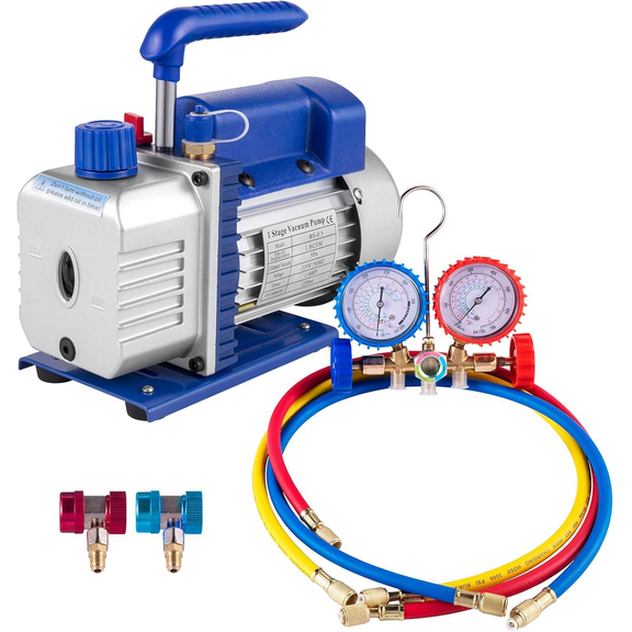PEIXU 110V 1/4 HP 1.8CFM Single Stage Vacuum Pump and R134a AC Manifold Gauge Set Kit with Leak Detector Carry Box, for HVAC Air Conditioning Refrigeration Recharging
