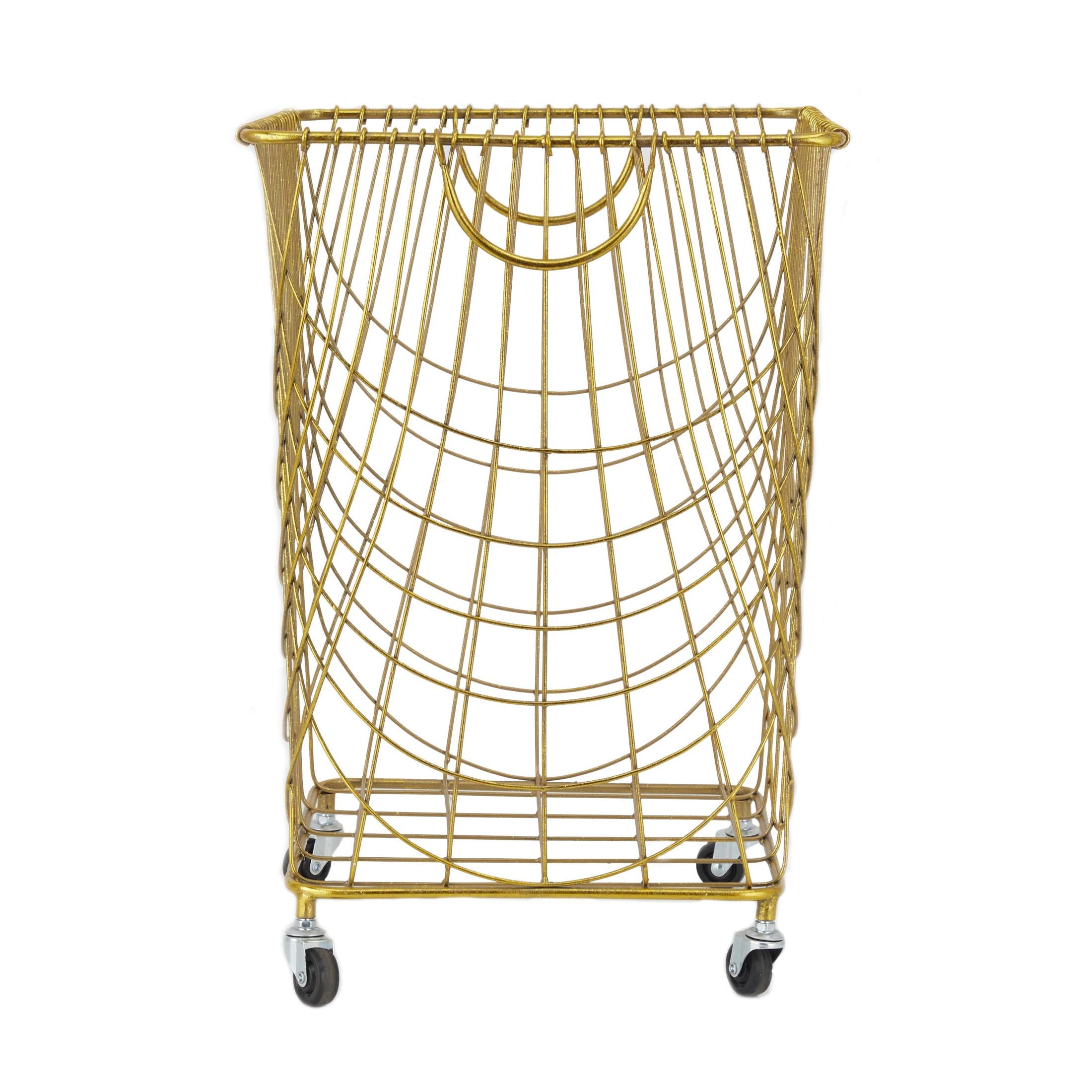 DecMode Gold Metal Deep Set Metal Mesh Laundry Basket Storage Cart with Wheels and Handles