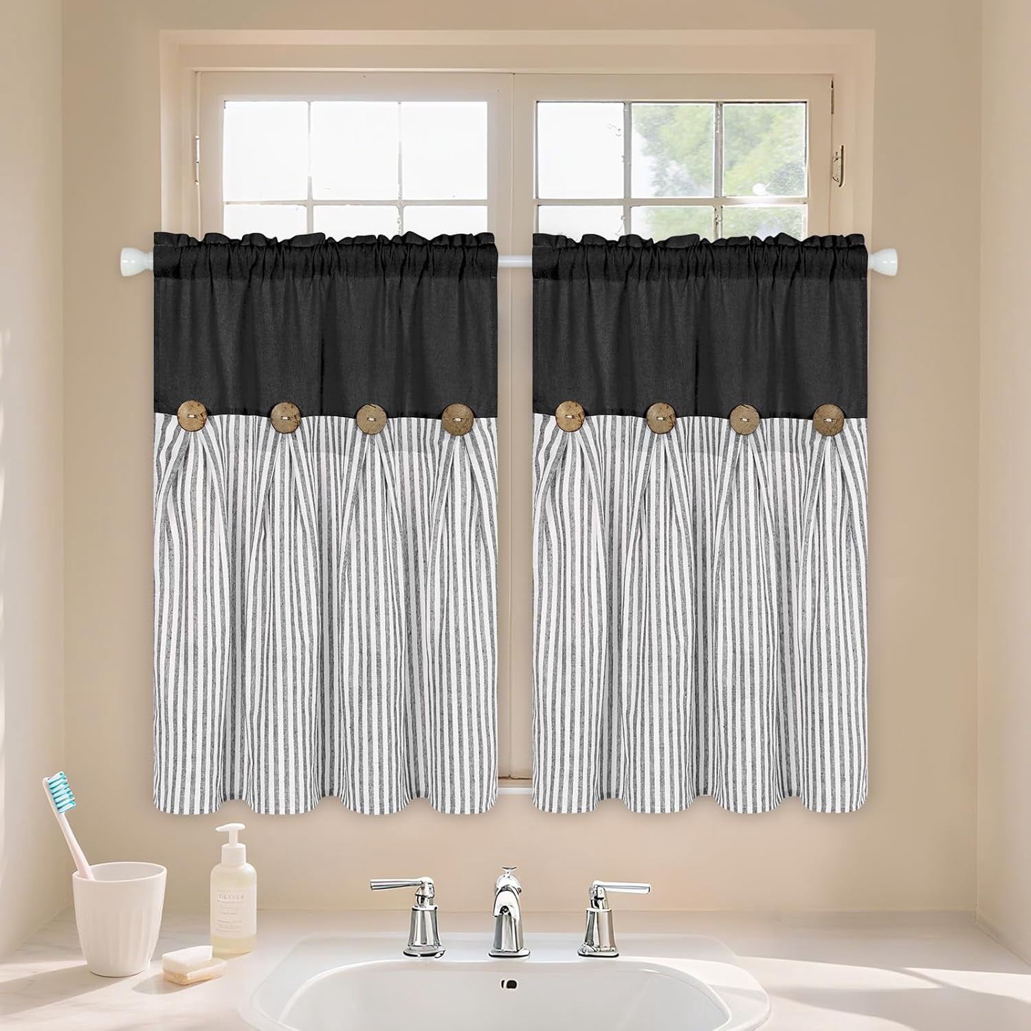 Alishomtll Stripe Kitchen Curtains 8 Button Linen Cotton Window Curtains Sets 36 Inches Long ,Rod Pocket ,Black