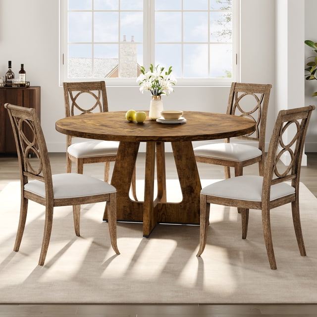 Kojooin 47-Inch Circular Dining Table Set (Seats 4-6), Rustic Farmhouse Style with Solid Wood Tabletop & Pedestal Stand, Ideal for Dining Rooms and Kitchens (Chairs Not Included)