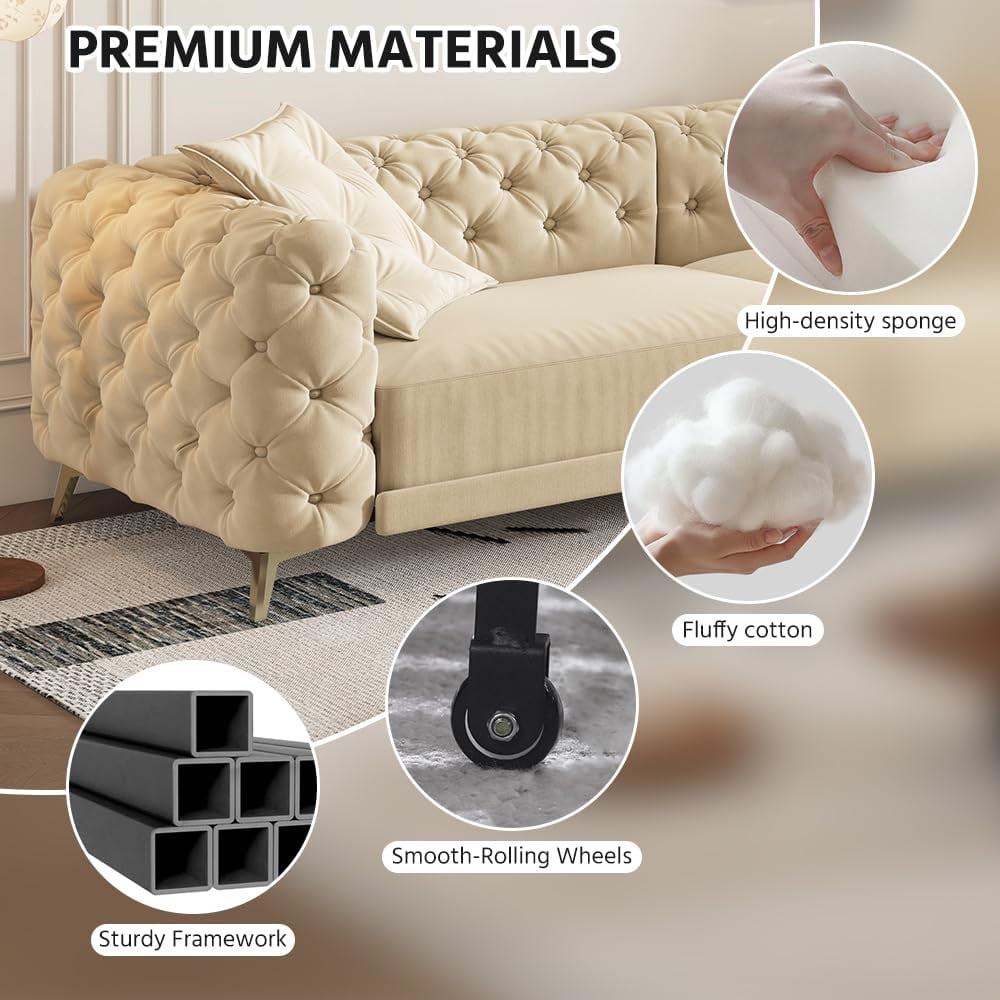 97.7'' Pull Out Sofa Bed King, Chesterfield Velvet Sleeper Sofa, Convertible L-Shaped Futon Couch, Tufted Back, Ottoman, Deep Seat Loveseat Couches for Living Room, Apartment, Honey Beige