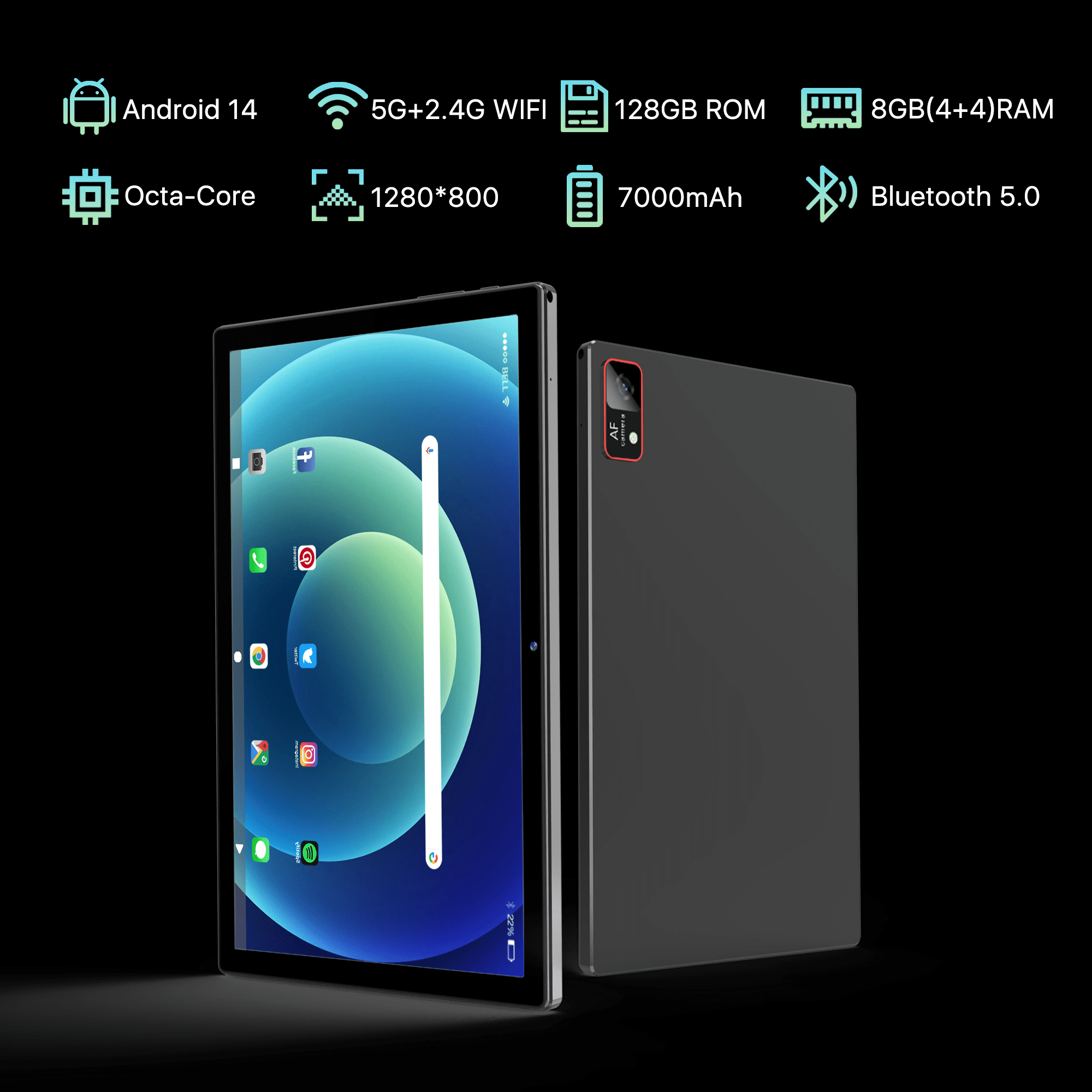 Android 14 Tablet,10inch Tablet with Keyboard, 8GB RAM+128GB ROM ,Unisoc T606,8-Core Processor, 8MP + 13MP Dual Camera,5G WiFi,7000mAh,GPS,Bluetooth V5.0,1280*800 IPS Display,2025 Newest Tablet,Black