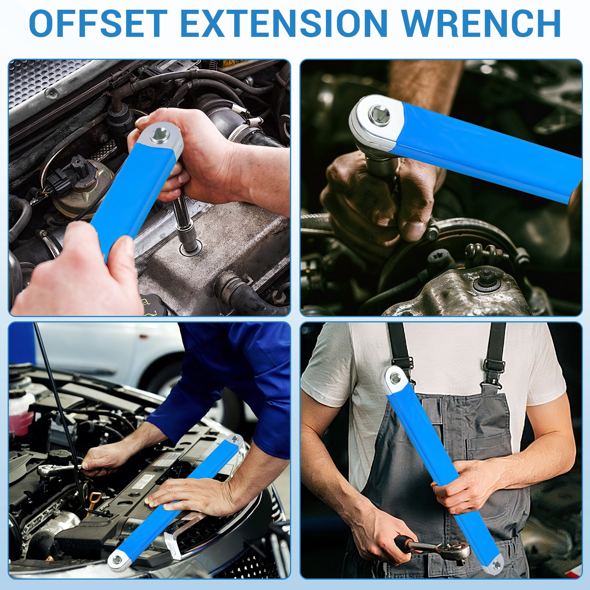 1 Pack Offset Wrench Extension Tool Set with 1/4", 3/8" & 1/2" Drive Adapters, 15 Inch Breaker Bar Extension, High Carbon Steel Torque Wrench Extender for Tight Spaces, Automotive Repair Hand Tool