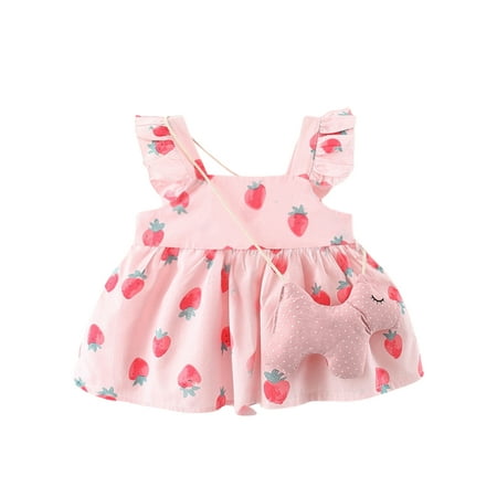 

Genuiskids Infant Baby Girls Summer Dress Casual Strawberry Print Flying Sleeves Dress with Cute Horse Bag 9M 12M 18M 24M 3T Toddler Girl Beach Birthday Party Princess Dress