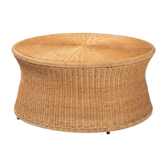 Genuine Rattan Round Coffee Table with Handwoven Wicker Drum Shape