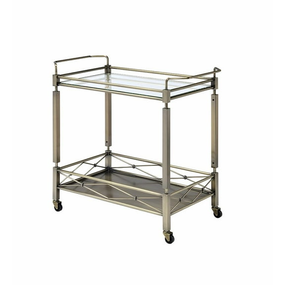 Two Tiered Metal Serving Cart with Glass Shelves and Side Rails Antique Gold - Saltoro Sherpi