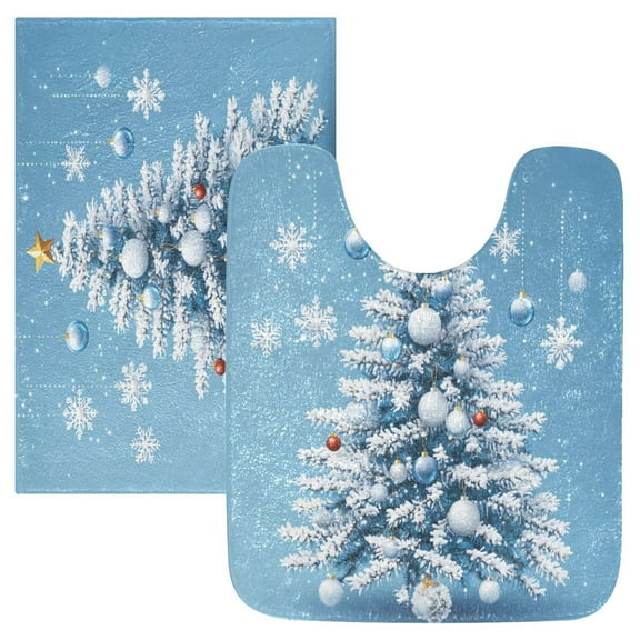 2 Piece Soft Bathroom Rug Set White Christmas Tree Bath Mat and U-Shaped Toilet Contour Rug (16"x24" 20"x24")