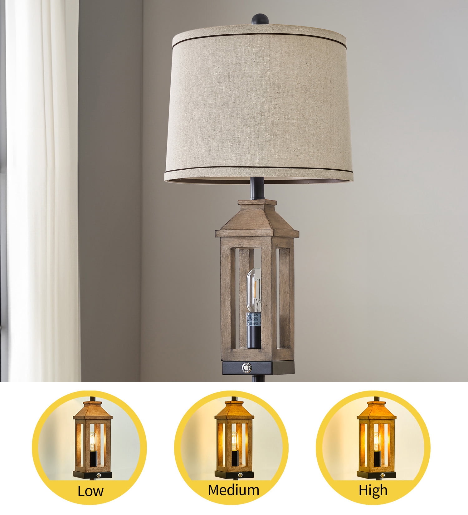 Oneach 63" 3 Way Dimmable Farmhouse Floor Lamp with 2 Light Sources ,Brown Metal Tall Standing Lamp for Bedroom, Living Room, Home