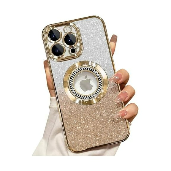 for iPhone 15 Pro Max Magnetic Glitter Case Compatible with MagSafe,Full Protection Slim Shockproof Anti-Scratch Case with Camera Lens Protector Logo View Dust-Proof Net for Women Gold