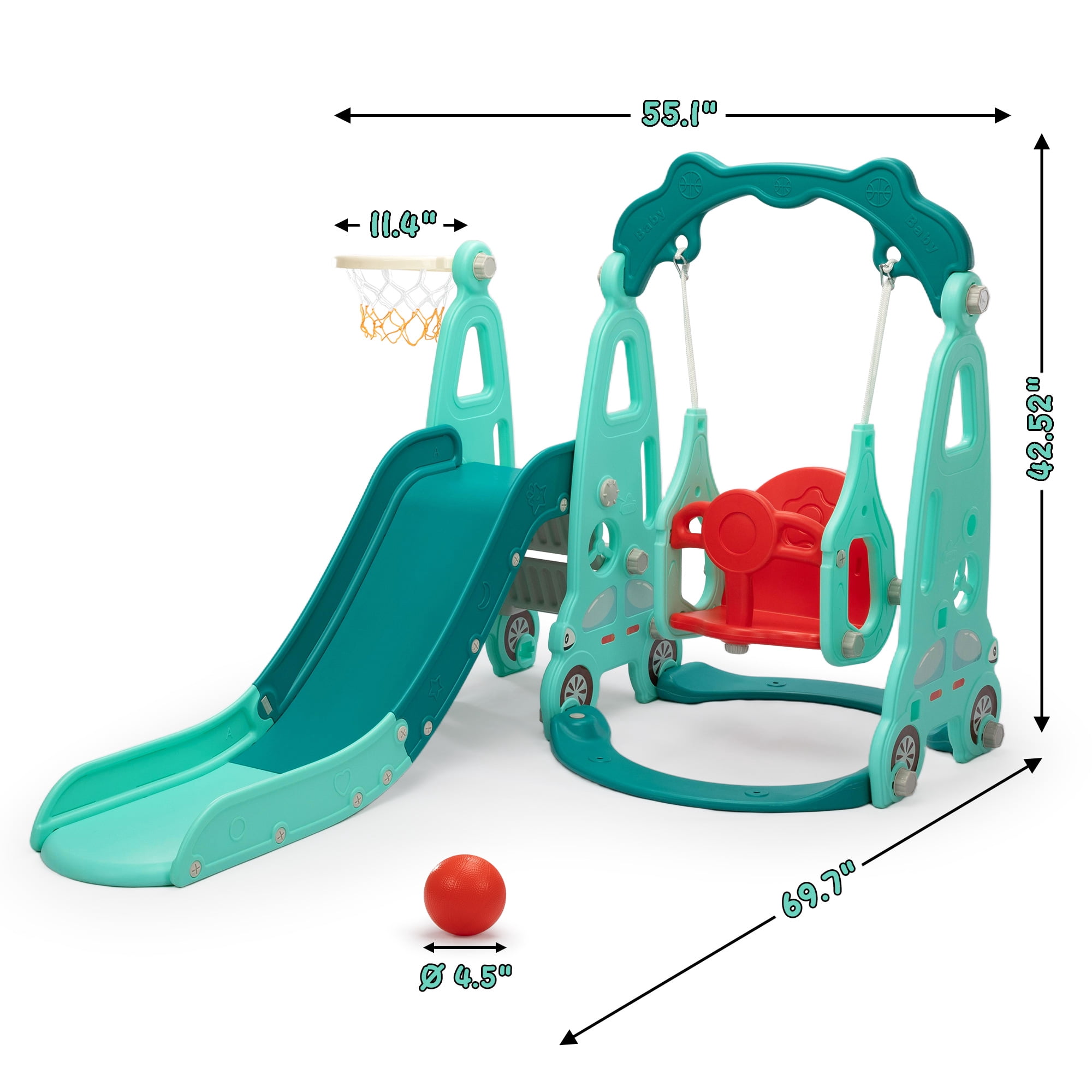4 in 1 Slide Climber Swing Set, Freestanding Toddler Slide Climber Playset with Basketball Hoop, Toddler Playground Indoor Outdoor, Easy Setup