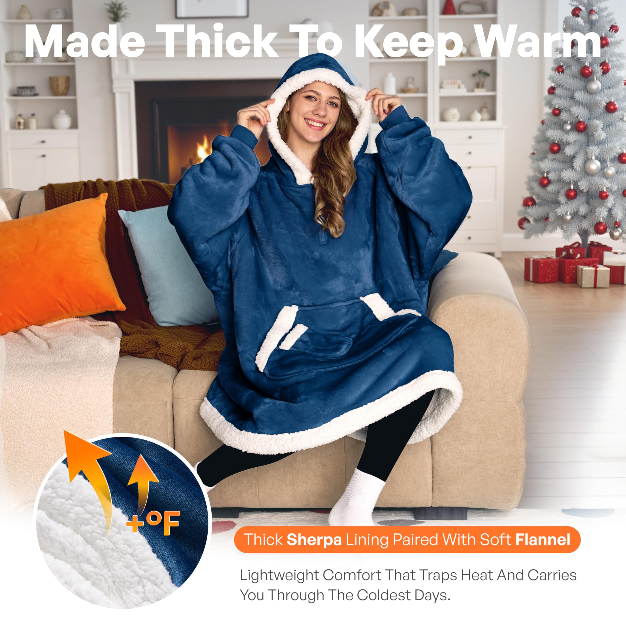 Joyfy Wearable Blanket Hoodie,Oversize Hoodie Fleece Sweatshirt Wearable Blanket for Women and Men,Clothing Gift for Women Men Mom Dad,Giant Hood Pocket and Sleeves for Adult(Nevy,Standard )