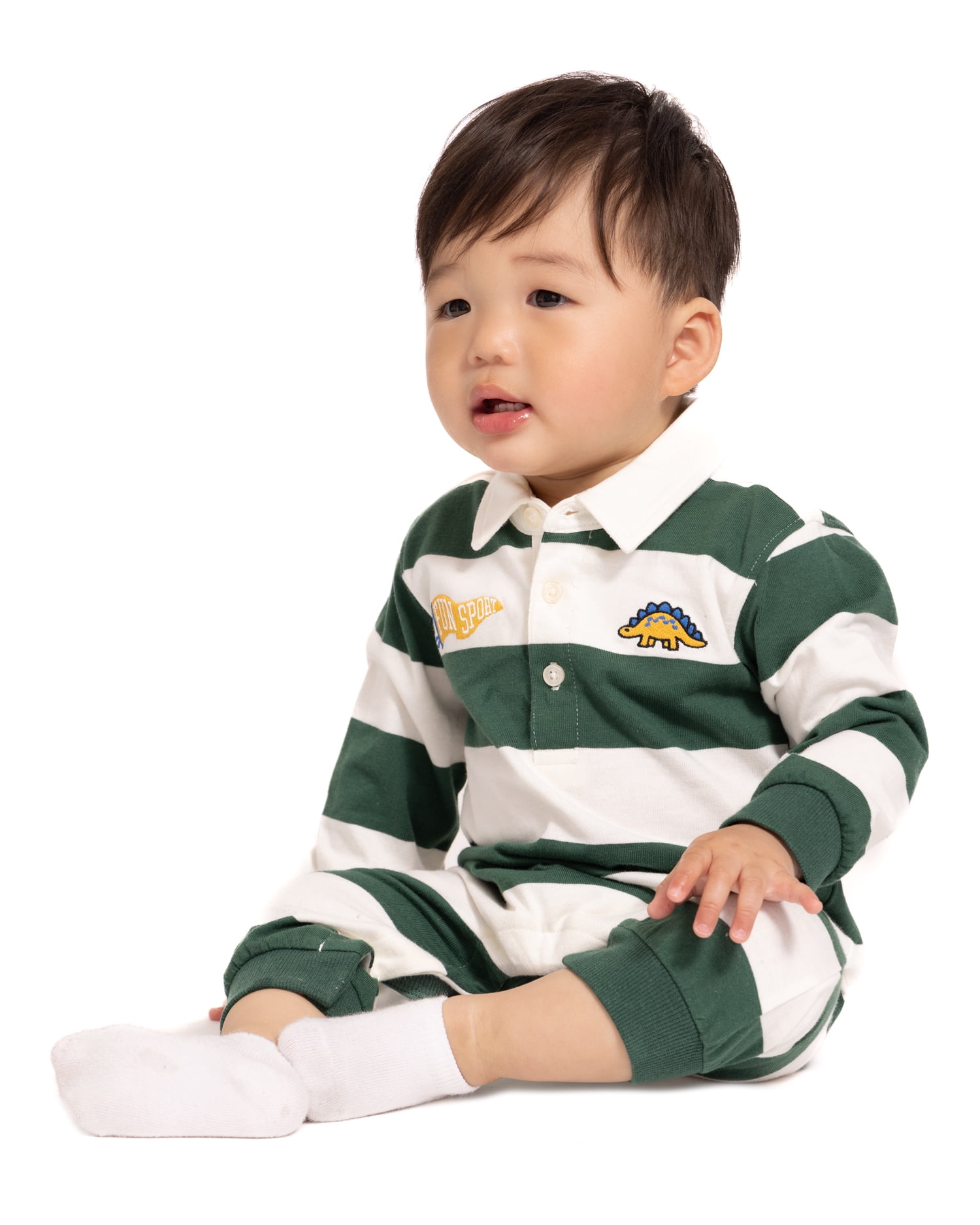 Wonder Nation Baby Boy’s Embroidered Collared Romper with Long Sleeves, Sizes 0/3M-24M