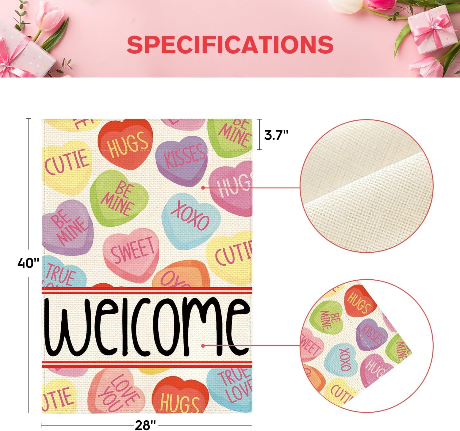 Lanola Valentines Day House Flag 28x40 Inch Double Sided Outside, Welcome Candy Love Hearts Anniversary Yard Outdoor Flag