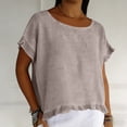 thumbnail image 6 of Plus Size Women's Solid Loose Fit Short Sleeve Round Neck Ruffle Pleated Linen Casual Blouse Shirt Comfy Breathable Work Office Outfits | CSEONE,Khaki 2XL, 6 of 8