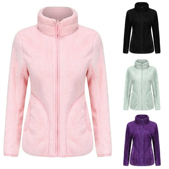 BiZtdJrK Women's Fuzzy Fleece Jacket Long Sleeve Zip Up Sherpa Coat Reversible Soft Plush Oversized Outerwear with Pockets Prime Day Sales Black L